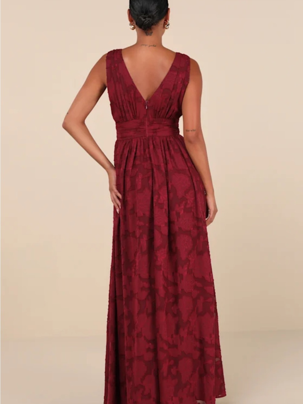 Lulu's Burgundy Plunging Maxi Gown with Side Slit - Picture 2 of 4
